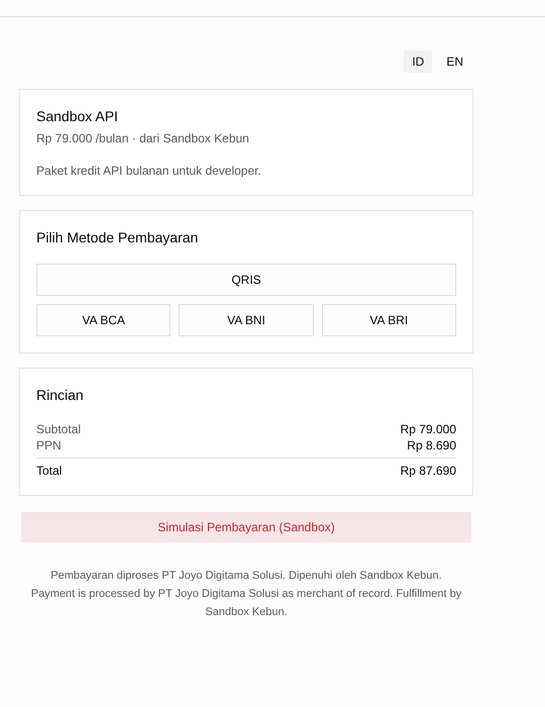 Checkout Nyaur dengan QRIS dan Virtual Account untuk produk API Credits Pro